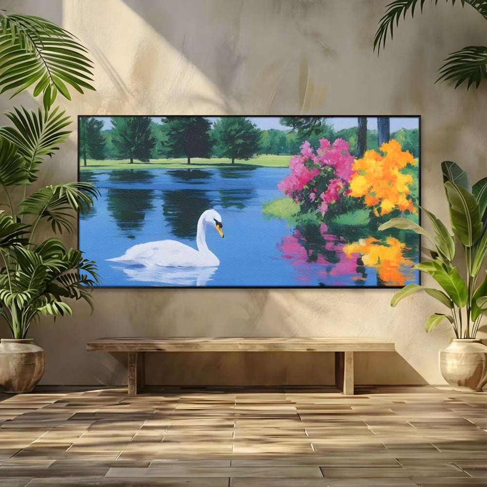 Tablou canvas cu pictura cu lebada pe lac si flori, in rama de aluminiu negru